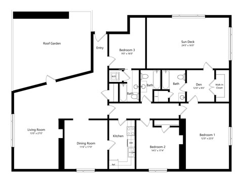 Floor plan for 3 beds, 3 baths, 1975 sqft